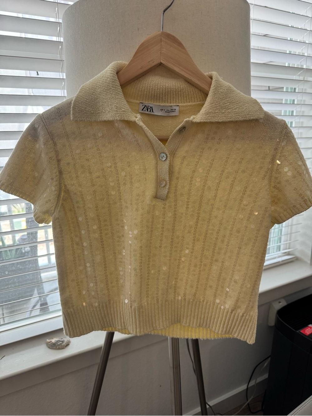 Zara Pale Yellow Sequin Polo Crop Top